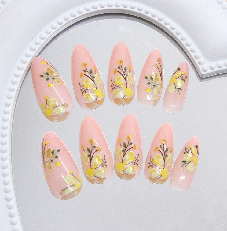 MEDIUM LONG 24 PC ARTIFICIAL NAILS YELLOW FLOWER