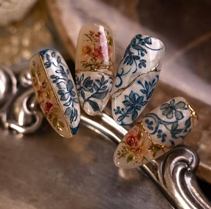 SHORT MEDIUM 24 PC ARTIFICIAL NAILS RETRO FLOWER