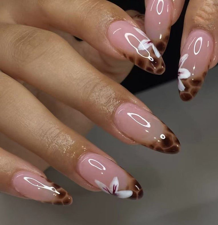MEDIUM LONG 24 PC ARTIFICIAL NAILS LEOPARD CHEETAH FLOWER