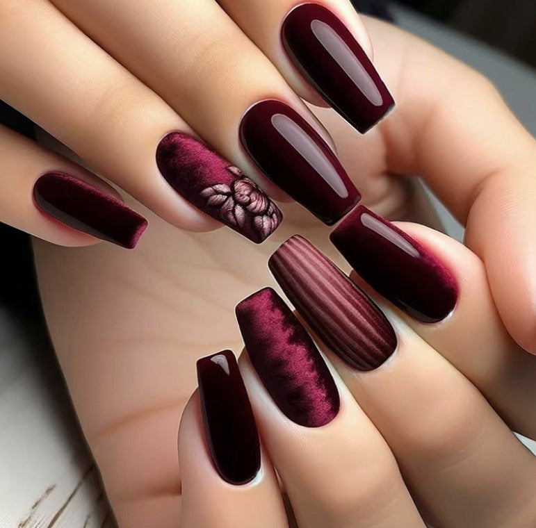 LONG 24 PC ARTIFICIAL NAILS DARK BURGUNDY FLOWER