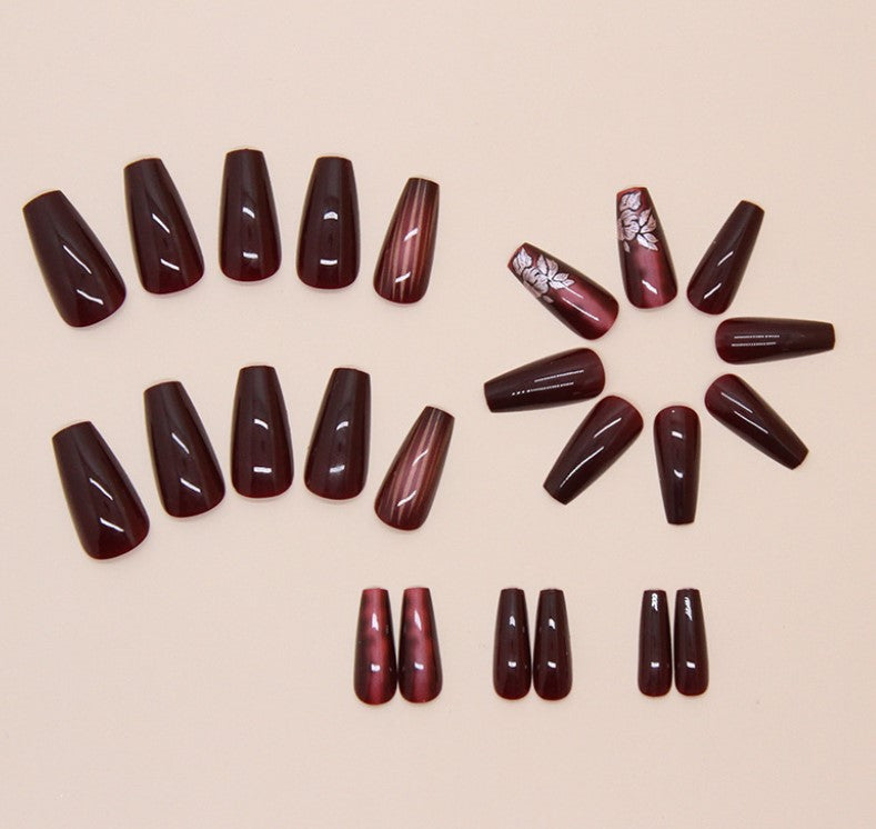LONG 24 PC ARTIFICIAL NAILS DARK BURGUNDY FLOWER