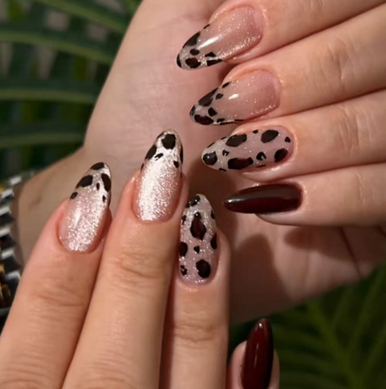 MEDIUM LONG 24 PC ARTIFICIAL NAILS NUDE PINK LEOPARD CAT EYE