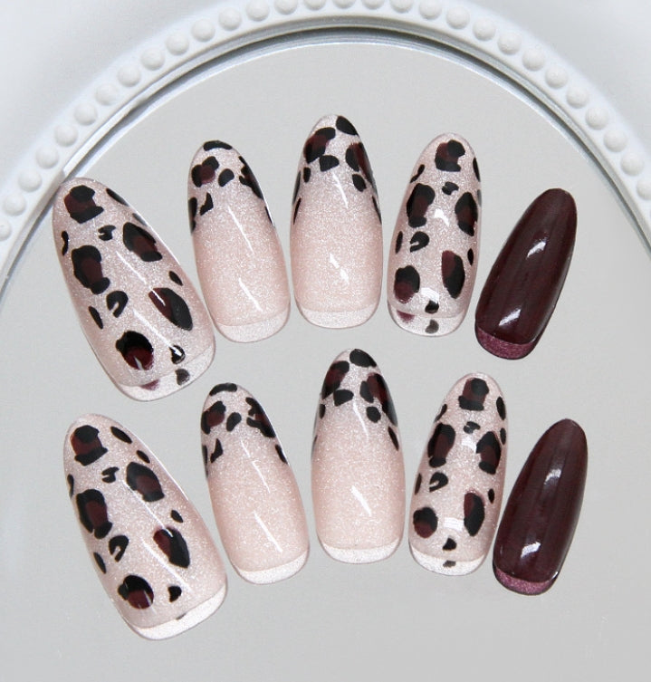 MEDIUM LONG 24 PC ARTIFICIAL NAILS NUDE PINK LEOPARD CAT EYE