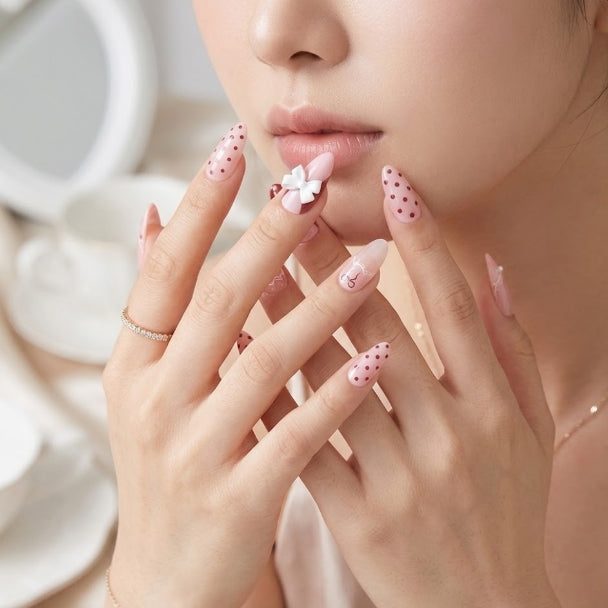 MEDIUM LONG 24 PC ARTIFICIAL NAILS WHITE BOW PINK POLKA DOT