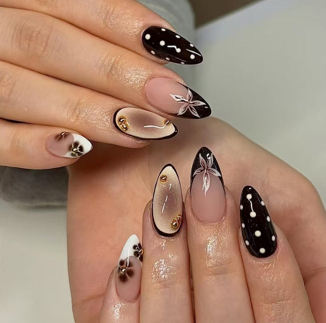 MEDIUM 24 PC ARTIFICIAL NAILS PINK BLACK POLKA DOT