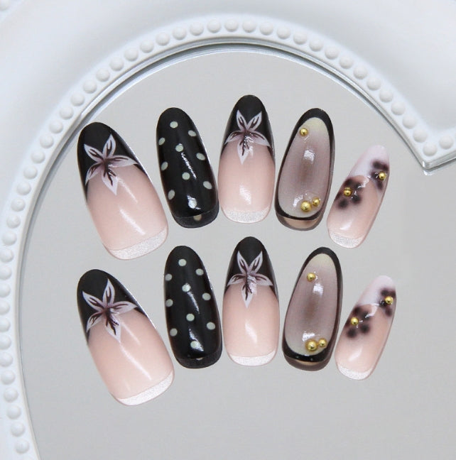 MEDIUM 24 PC ARTIFICIAL NAILS PINK BLACK POLKA DOT