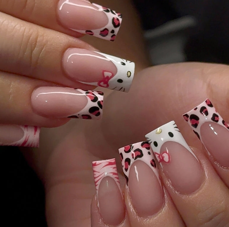 MEDIUM 30 PC ARTIFICIAL NAILS NUDE PINK KITTY LEOPARD