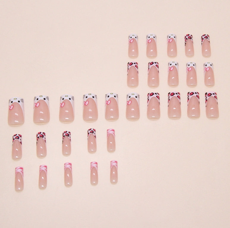 MEDIUM 30 PC ARTIFICIAL NAILS NUDE PINK KITTY LEOPARD