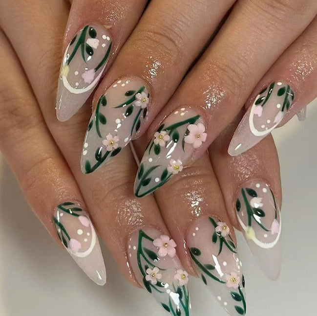 MEDIUM 24 PC ARTIFICIAL NAILS PINK GREEN FLOWER
