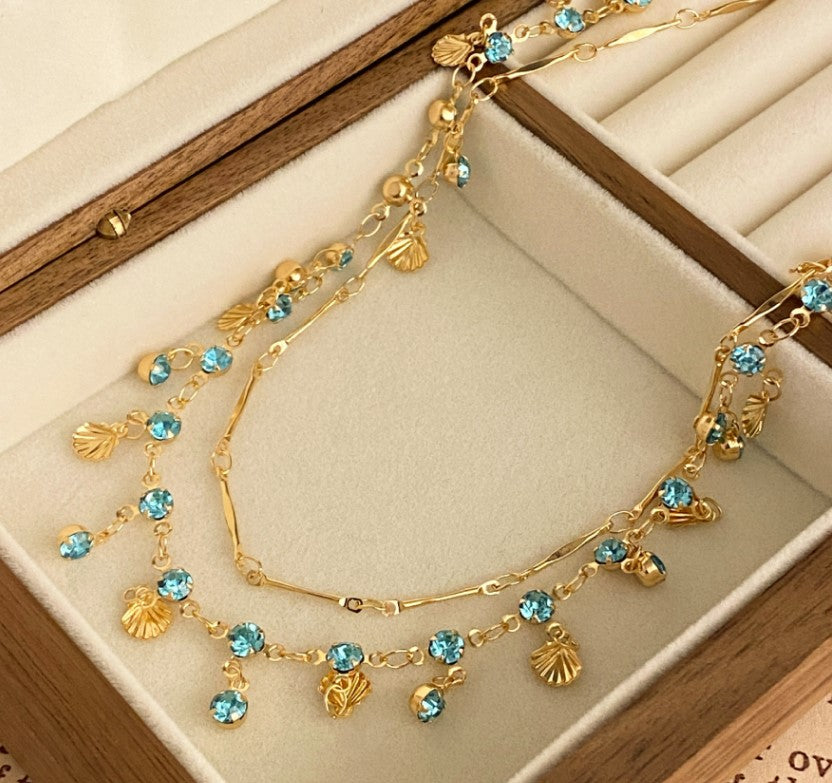 BLUE AD STONE CRYSTALS GOLDEN SHELL NECKLACE