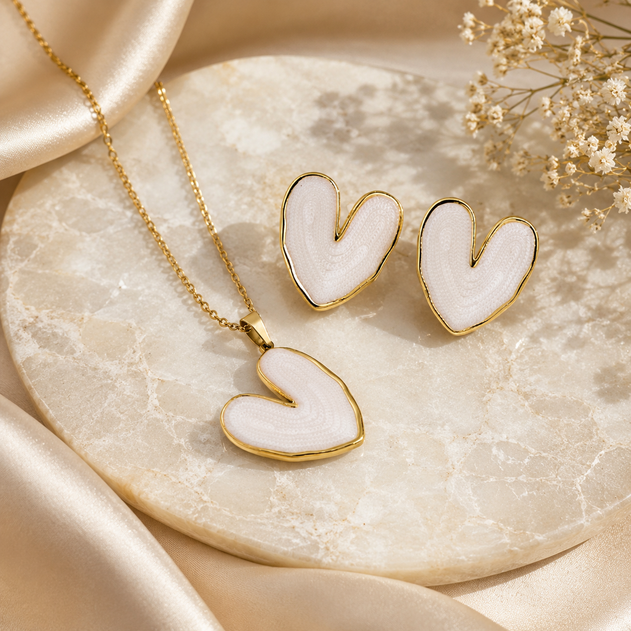 HEART ENAMELED WHITE ANTI TARNISH NECKLACE & EARRINGS