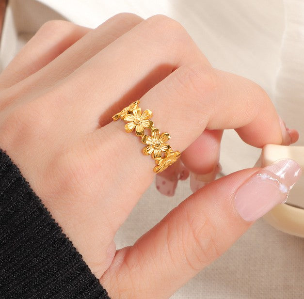 GOLD ANTI TARNISH ADJUSTABLE OPEN FLOWER RING